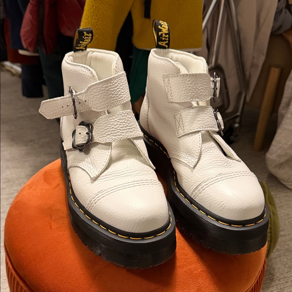 Dr. Martens White Leather Strap Boots